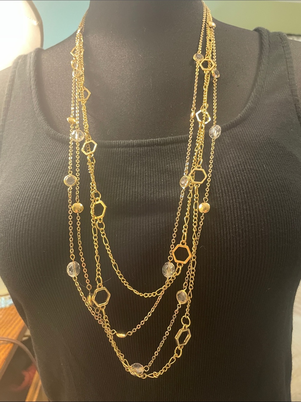 Lauren Conrad Gold-Tone Multi-Strand Geometric & Crystal Necklace 17” drop 2”ext